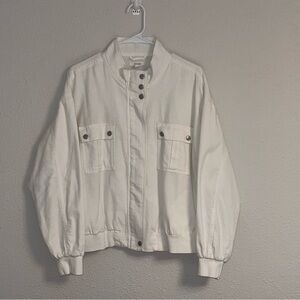 White Bomber Jacket Size Large 100% Cotton Snap Front Utility